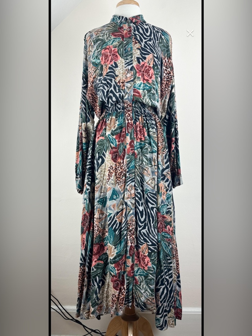Vintage 90s Rayon Floral & Animal Print Long Sleeve Shirt Dress in Teal and Rose
